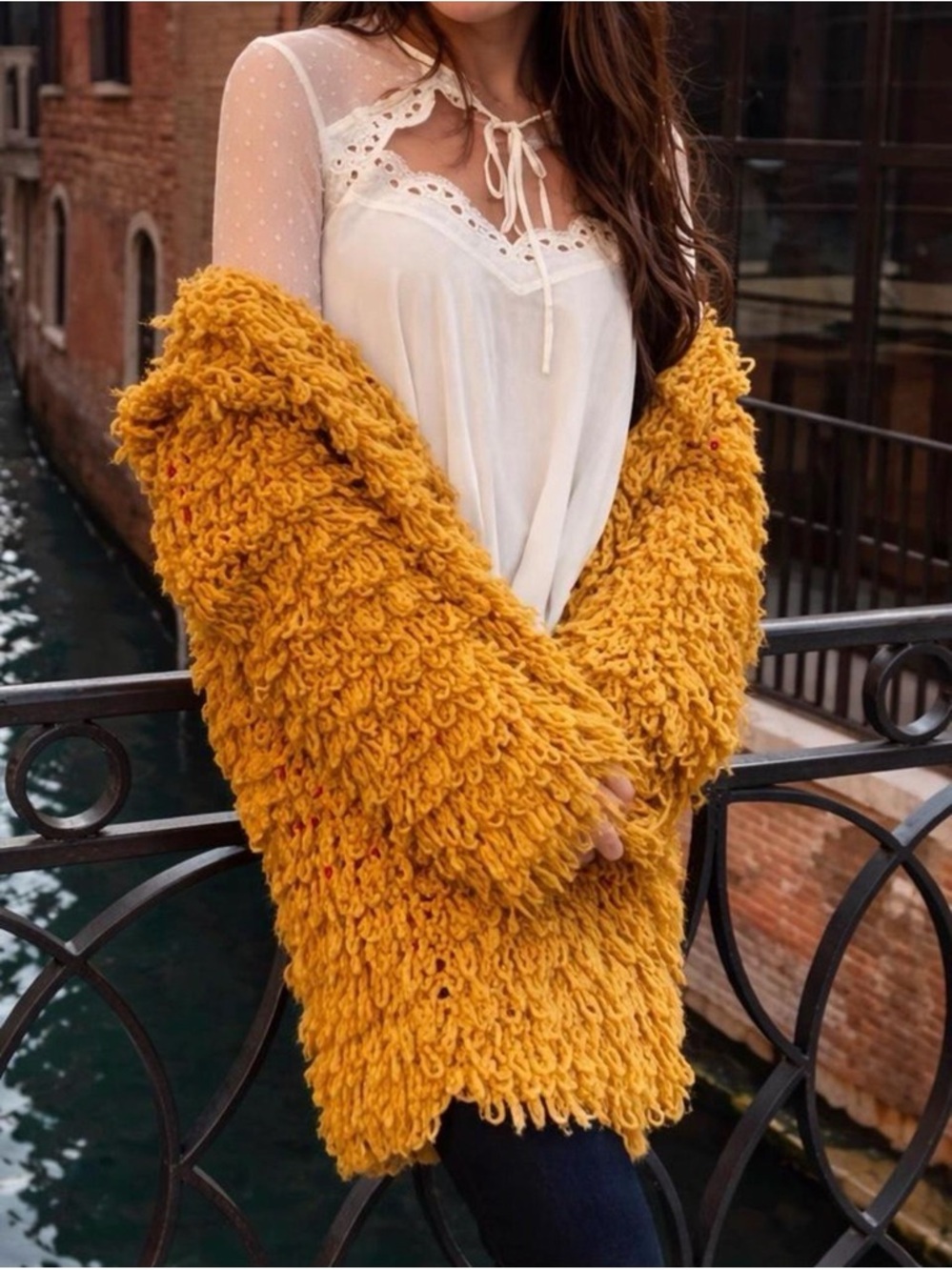 For Love & Lemons Joplin Shaggy Cardigan Mustard Fringe Boho Festival L
